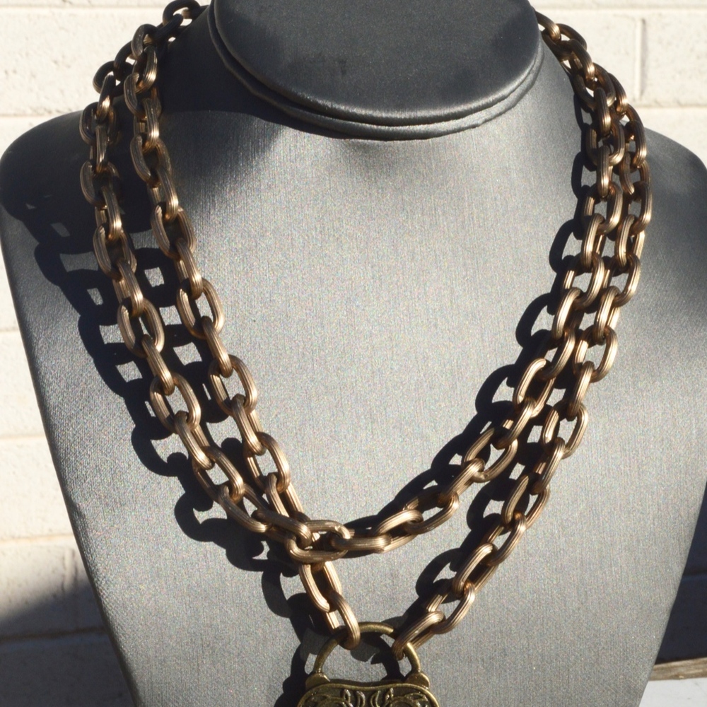 Heart Lock Pendant Necklace Brass Chain Long Cable - Picture 3 of 5